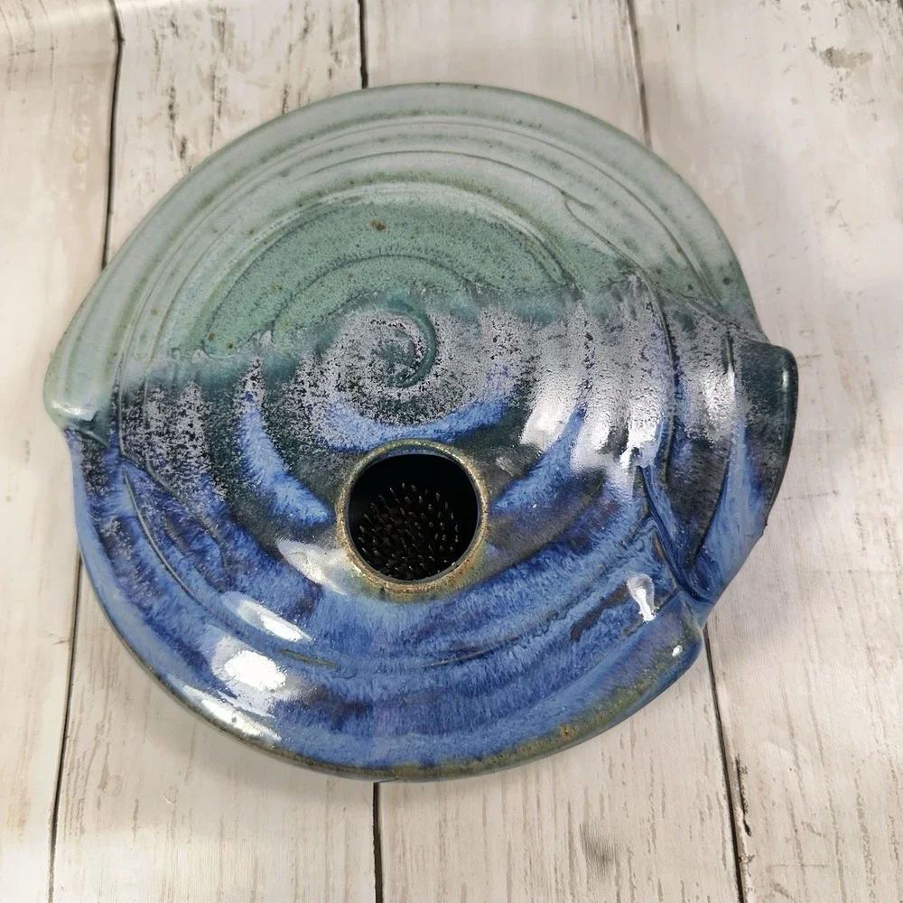 VTG Handmade Ikebana Pottery Vase W/ Floral Frog Blue & Green Glaze Signed Colby